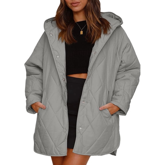 Women Long Diamond Quilted Hooded Jacket,Fashion Winter Coat Oversized Baggy, Warm Long Sleeve Jackets Grey S