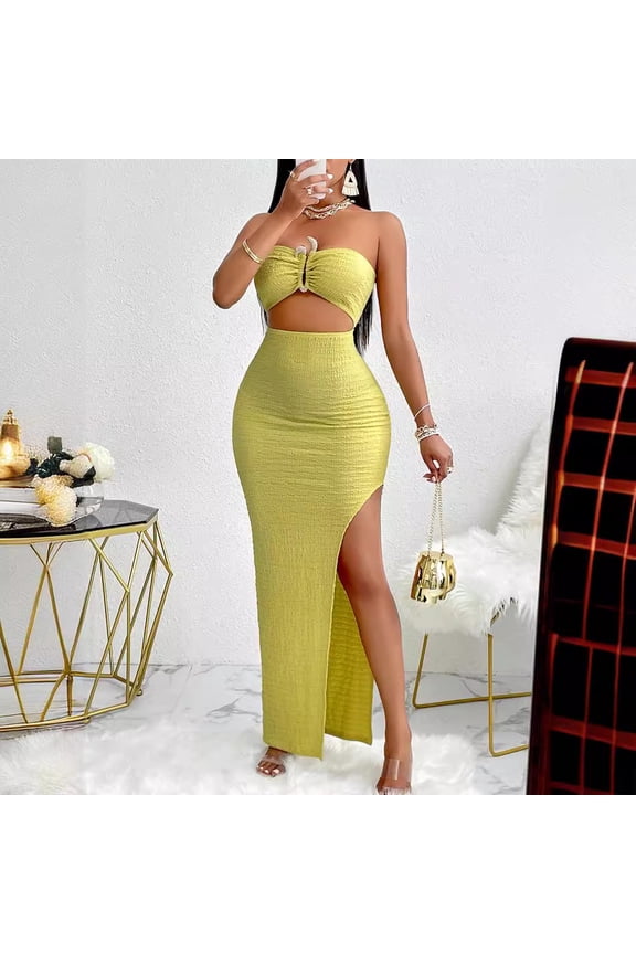 Women Long Dress Dresses Strapless Sleeveless White Sexy Elegant Bodycon Sheath High Waist Vestidos Slim Hollow Out Party