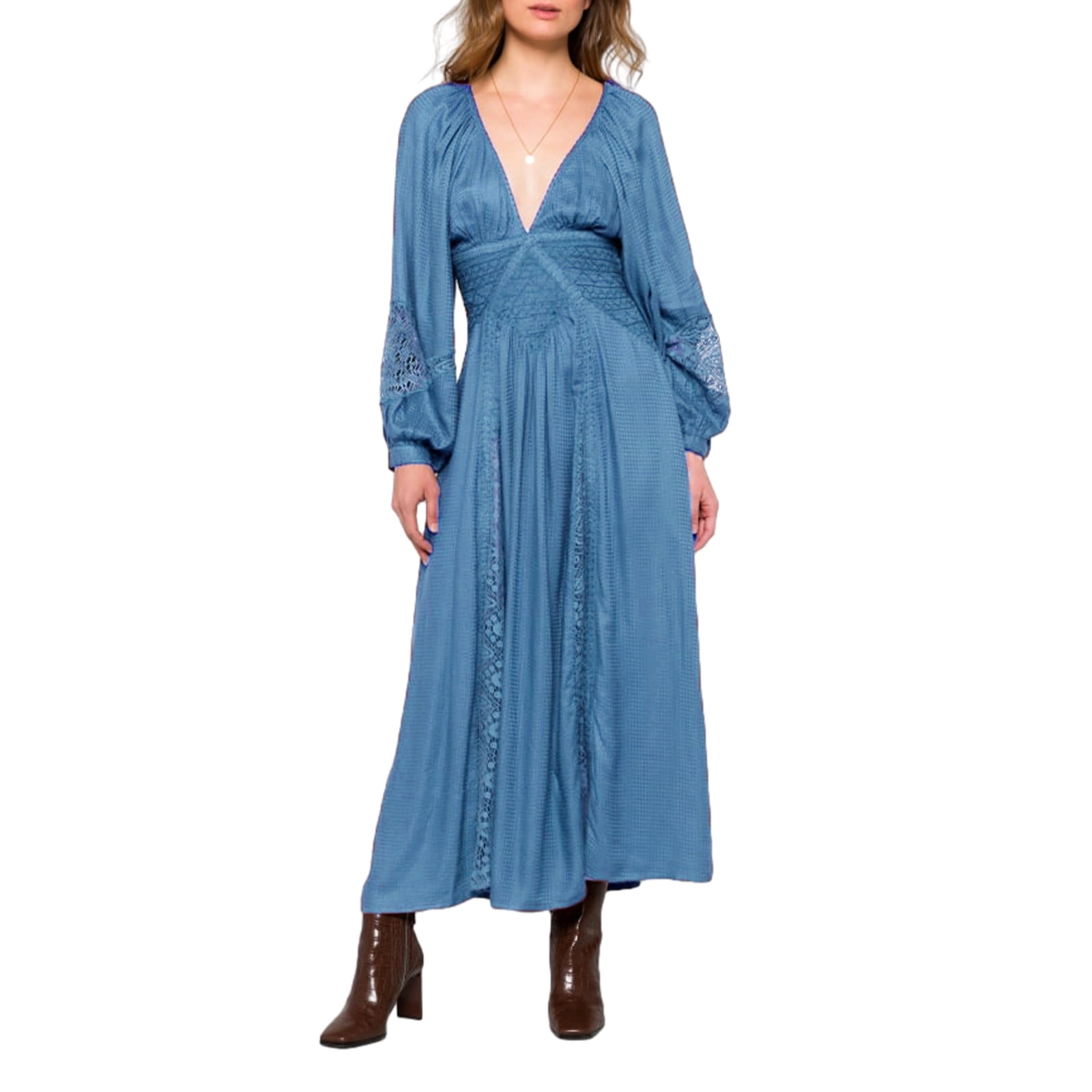 Women Long Dress, Long Sleeve Dress V-neck Lace Patchwork Loose Swing ...