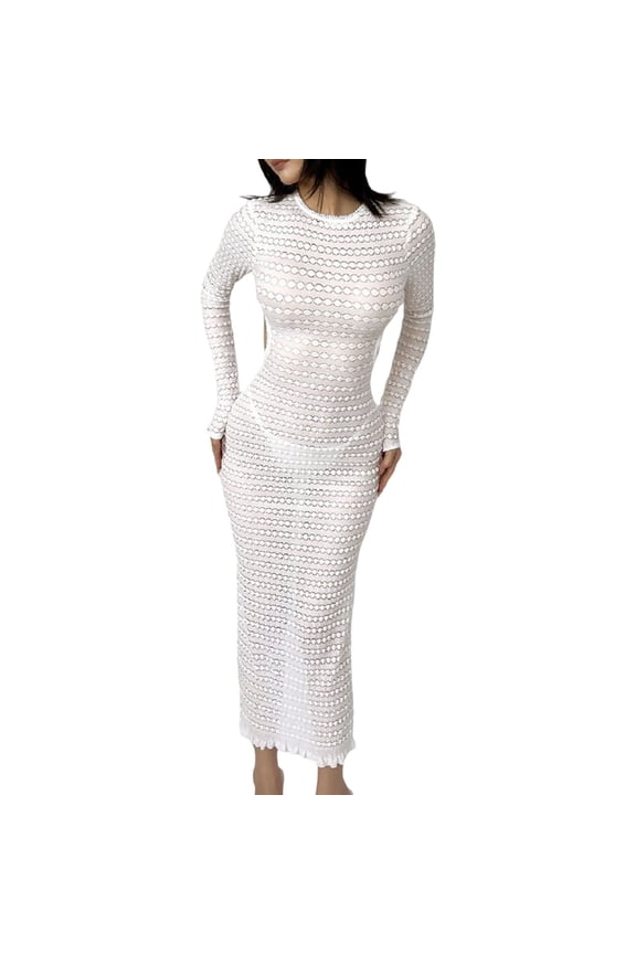 Women Long Dress Set, Long Sleeve Crew Neck Backless See-through Dress with V-neck Camisole