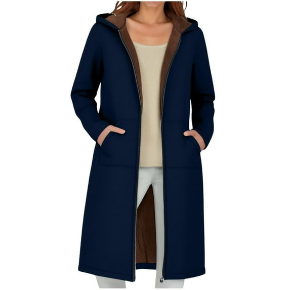 Women Long Fleece Hoodie Full Zip Sherpa Lined Jacket Thicken Warm Winter Coat Hooded Tunic with Pockets