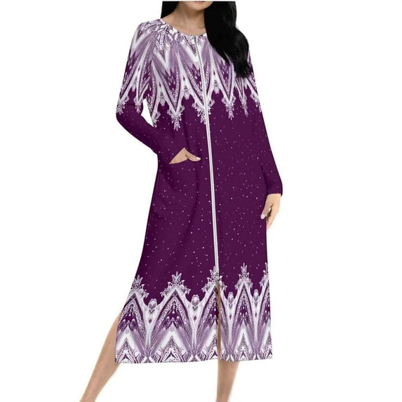 Women Long Fleece Nightgown Zip Front Sleepwear Warm Loungewear House Dress Soft Flannel Nightshirt