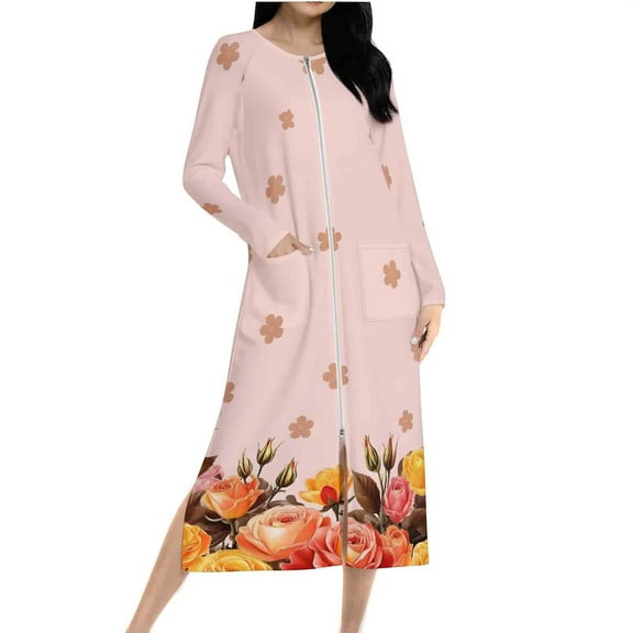 Women Long Fleece Nightgown Zip Front Sleepwear Warm Loungewear House Dress Soft Flannel Nightshirt