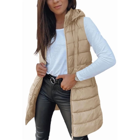Women Long Hooded Puffer Vest Sleeveless Zip‑Up Quilted Outerwear Gilet