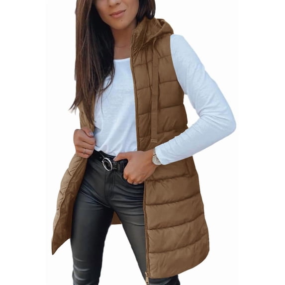 Women Long Hooded Puffer Vest Sleeveless Zip‑Up Quilted Outerwear Gilet