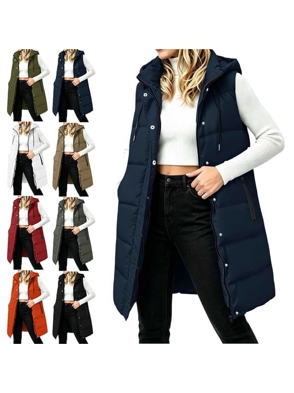 Women Long Hooded Puffer Vest,Sleeveless Zip Up and button,Thick Warm Casual Layering Winter Outerwear Jacket,Drawstring Design,Side Zipper Pocket