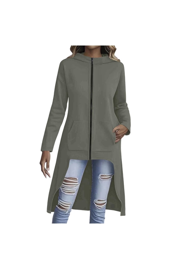 Women Long Hooded Zip Up Sweatshirt Coat High Low Hem Casual Loose Fit Outerwear Jacket with Pockets for Fall Winter Streetwear Fashion