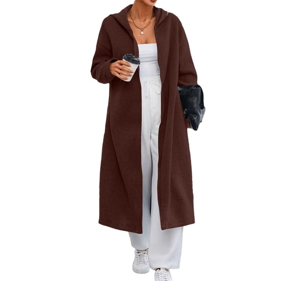 Women Long Hoodie Cotton Warm Coat with Pockets Loose Dressy Casual Hooded Jacket Overcoat Calf Length Outerwear (S, Brown)