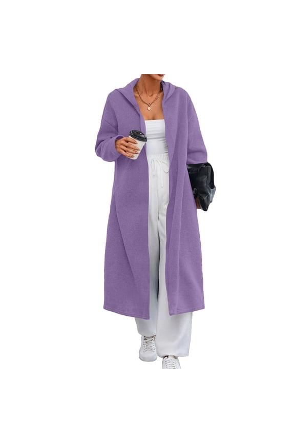 Women Long Hoodie Cotton Warm Coat with Pockets Loose Dressy Casual Hooded Jacket Overcoat Calf Length Outerwear (XL, Purple)