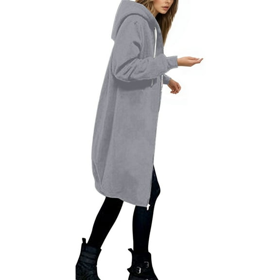 Women Long Hoodie Jacket Oversize Solid Zipper Hooded Sweatshirt With Pockets Fall Winter Warm Fleece Outwear Coat