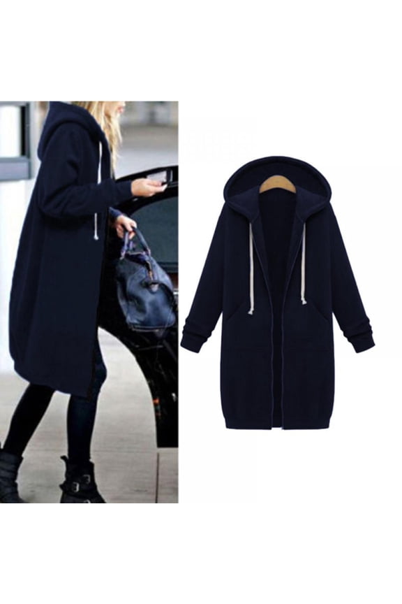 Women Mid Long Hoodies Coat Autumn Casual Sweatshirt Long Sleeve Zip Drawstring Jacket Outerwear with Pockets
