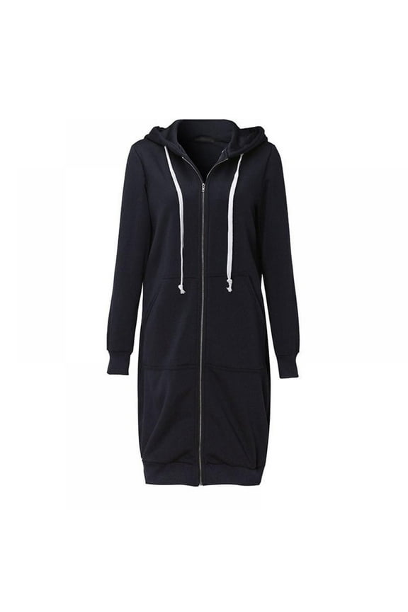 Women Mid Long Hoodies Coat Autumn Casual Sweatshirt Long Sleeve Zip Drawstring Jacket Outerwear with Pockets
