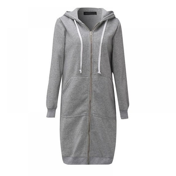 Women Mid Long Hoodies Coat Autumn Casual Sweatshirt Long Sleeve Zip Drawstring Jacket Outerwear with Pockets