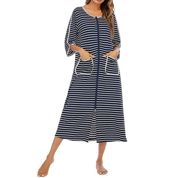 Women Long House Coat Zipper Front Robes Full Length Nightgowns with Pockets Striped Loungewear Navy Blue XL