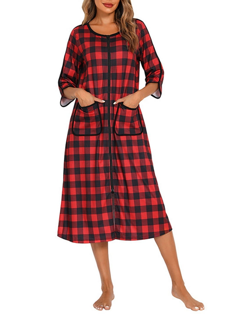 Coat Front Robe Women Long House Coat Zipper Front Robes Full Length Nightgowns with ...