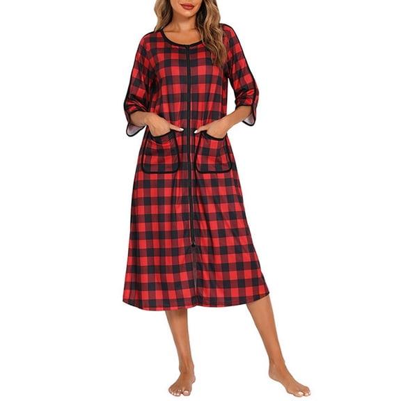 Women Long House Coat Zipper Front Robes Full Length Nightgowns with Pockets Striped Loungewear Red &