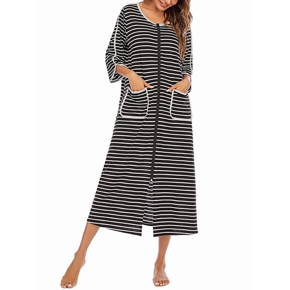 Women Long House Coat Zipper Front Robes Full Length Nightgowns with Pockets Striped Loungewear