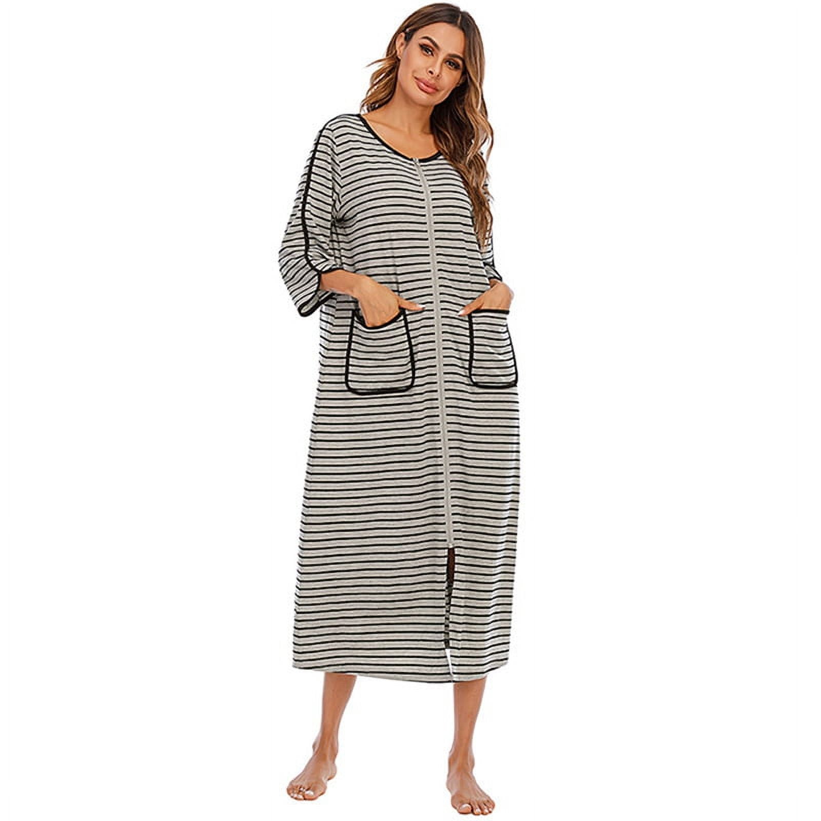 Women Long House Coat Zipper Front Robes Women House Coat Half Sleeve ...