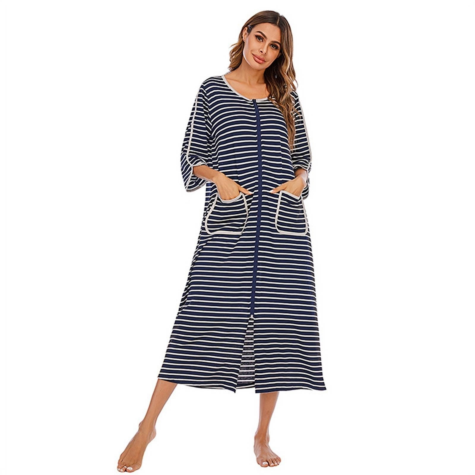 Women Long House Coat Zipper Front Robes Women House Coat Half Sleeve ...