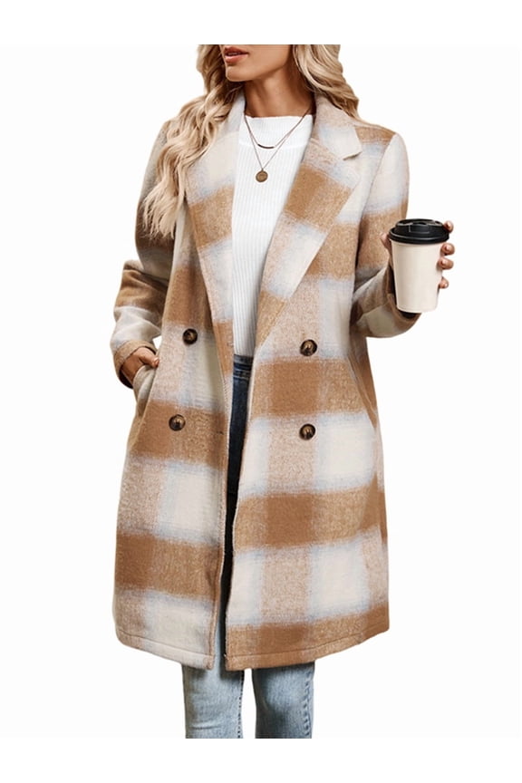 Women Long Jacket Trendy Fall Casual Button Wool Blend Tartan Trench Coat Winter Clothing with Pockets Khaki L