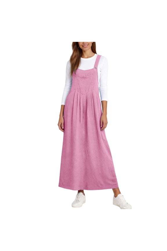 Women Long Jumper Dress A Line Elegant Maxi Dresses with Pockets Adjustable Wide Strap Vacation Travel Dress