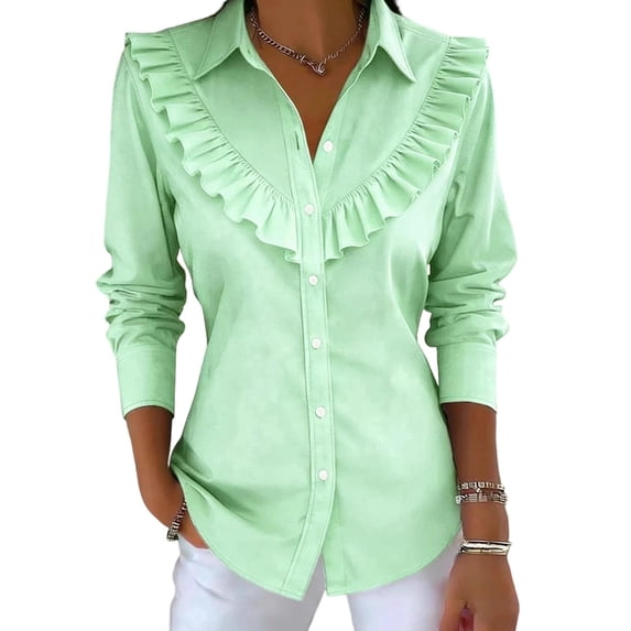 Women Long Lantern Sleeve Blouse Tops V Neck Shirts Turn Down Collar Loose Blouses Light Green M