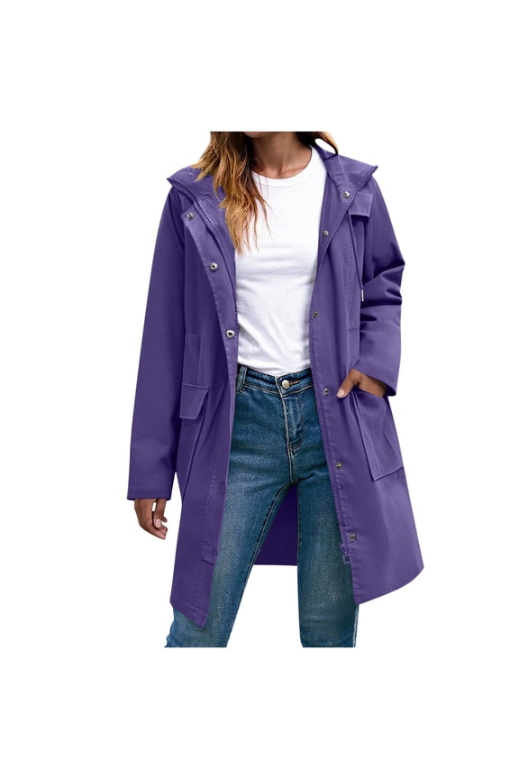 Women Long Length Raincoats Lightweight Waterproof Rain Jackets Active Outdoor Hooded Windbreaker Jacket with Multi Pockets