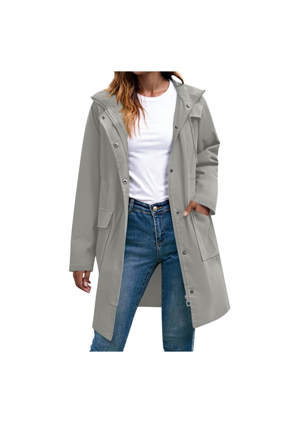 Women Long Length Raincoats Lightweight Waterproof Rain Jackets Active Outdoor Hooded Windbreaker Jacket with Multi Pockets