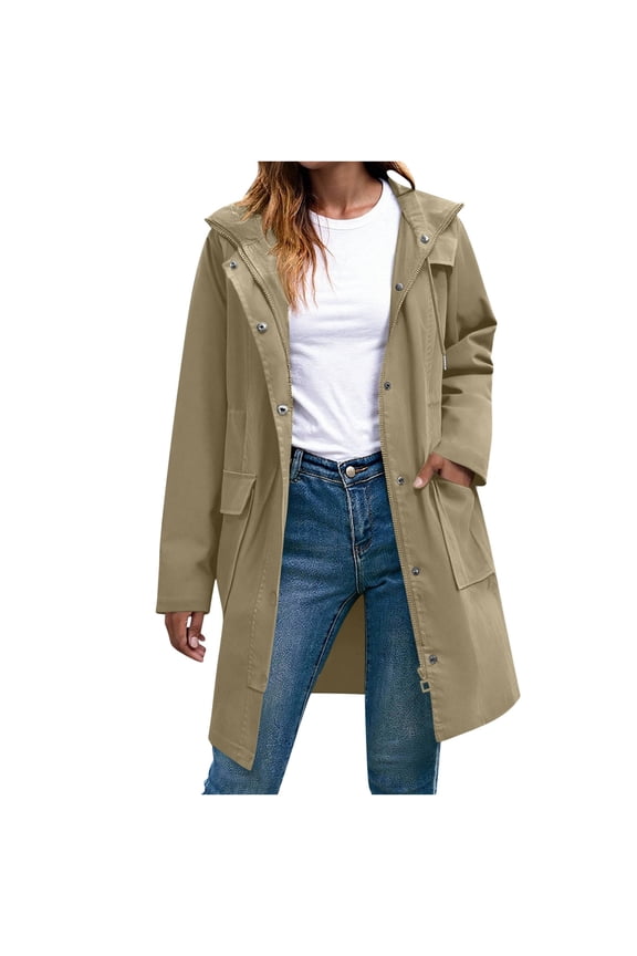 Women Long Length Raincoats Lightweight Waterproof Rain Jackets Active Outdoor Hooded Windbreaker Jacket with Multi Pockets