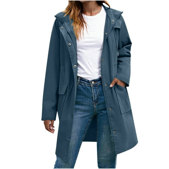 Women Long Length Raincoats Lightweight Waterproof Rain Jackets Active Outdoor Hooded Windbreaker Jacket with Multi Pockets