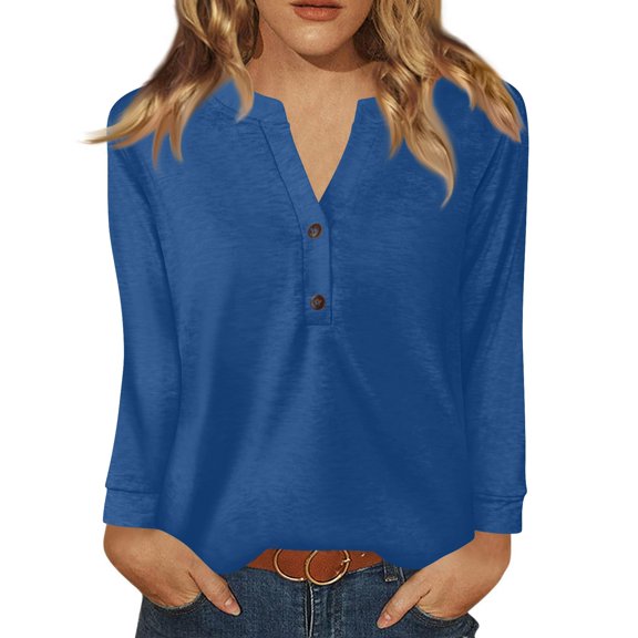Women Long Length Sleeve Henley Tops V Neck Business Casual Work T Shirts Cute Travel Shirts 2026 Fall Trendy Outfits Blue S