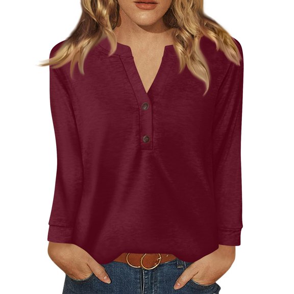 Women Long Length Sleeve Henley Tops V Neck Business Casual Work T Shirts Cute Travel Shirts 2026 Fall Trendy Outfits Wine L