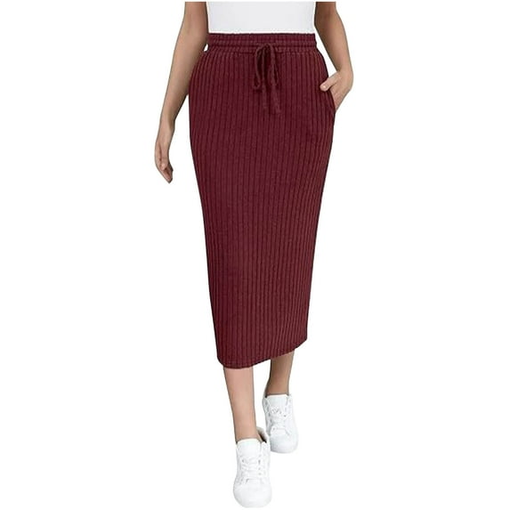 Women Long Length Sweater Skirt High Waist Drawstring Dress Slim Fit Dress with Pockets