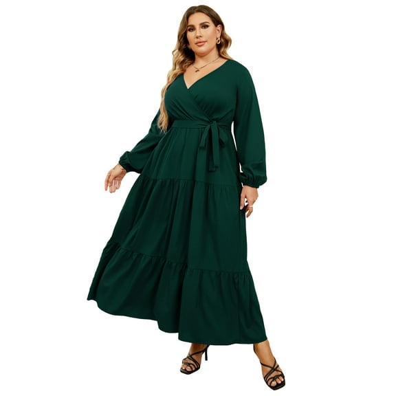 Women Long Long Sleeve Wrap V Neck Floral Printed Long Maxi Dress Plus Size