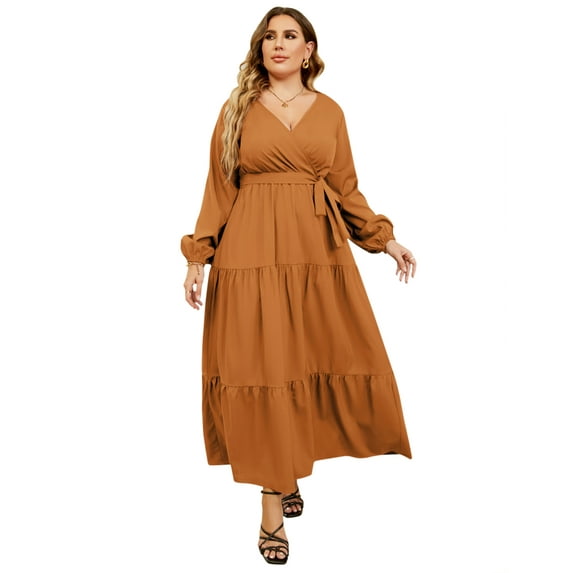 Women Long Long Sleeve Wrap V Neck Floral Printed Long Maxi Dress Plus Size