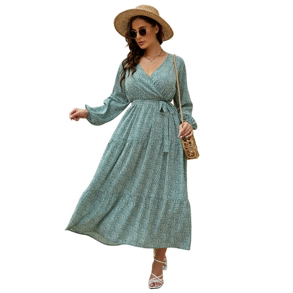 Women Long Long Sleeve Wrap V Neck Floral Printed Long Maxi Dress Plus Size