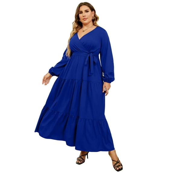 Women Long Long Sleeve Wrap V Neck Floral Printed Long Maxi Dress Plus Size
