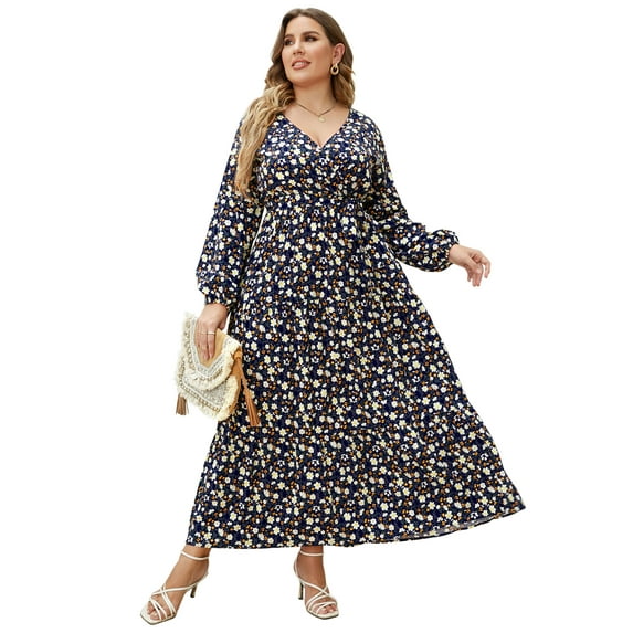 Women Long Long Sleeve Wrap V Neck Floral Printed Long Maxi Dress Plus Size