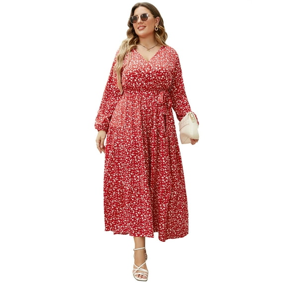Women Long Long Sleeve Wrap V Neck Floral Printed Long Maxi Dress Plus Size