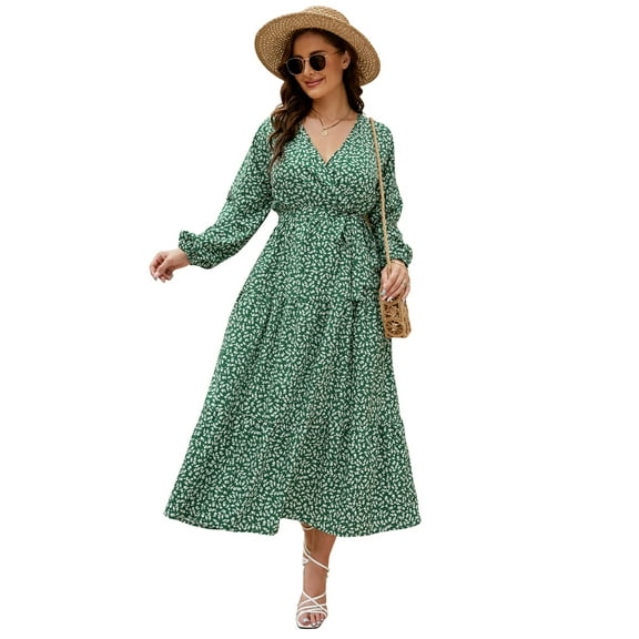 Women Long Long Sleeve Wrap V Neck Floral Printed Long Maxi Dress Plus Size