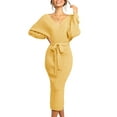 thumbnail image 1 of Women Long Maxi Sweater Dresses Sexy Wrap Batwing V Neck Slit Open Back Holiday Bodycon Dress, 1 of 4