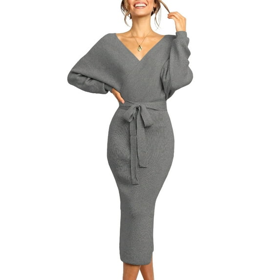 Women Long Maxi Sweater Dresses Sexy Wrap Batwing V Neck Slit Open Back Holiday Bodycon Dress