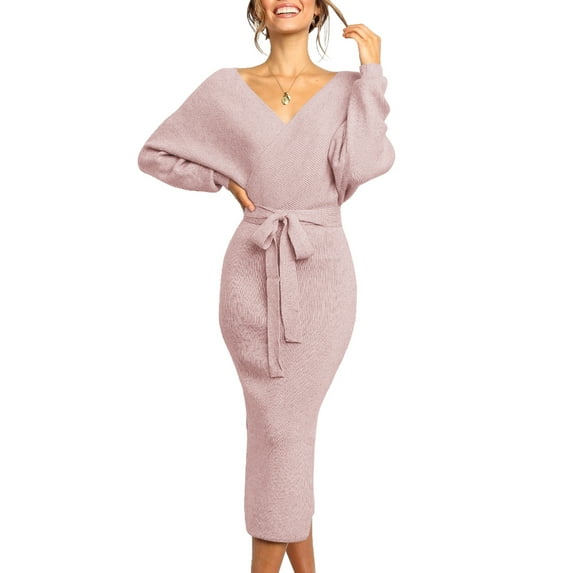 Women Long Maxi Sweater Dresses Sexy Wrap Batwing V Neck Slit Open Back Holiday Bodycon Dress