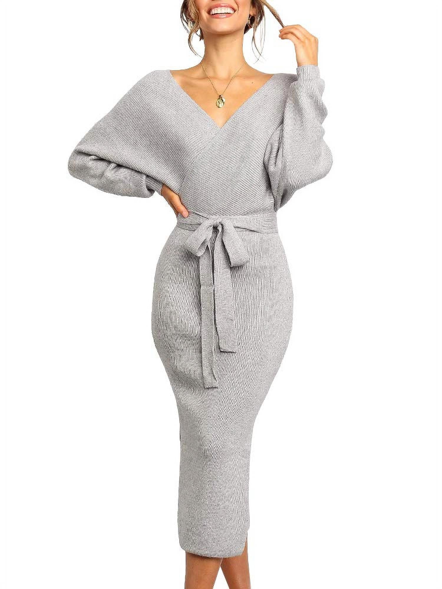 Women Long Maxi Sweater Dresses Sexy Wrap Batwing V Neck Slit Open Back Holiday Bodycon Dress