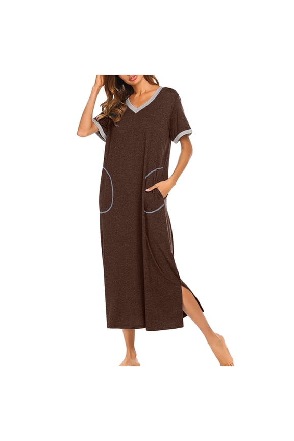 Women Long Nightdress Sale Short Sleeve V Neck Tunic Maxi Dress Soft Sleep Dress Elegant Pajamas Loungewear Nightdress Cotton Sleepwear Homewear Jumper Dress Long Nightgown with Pockets
