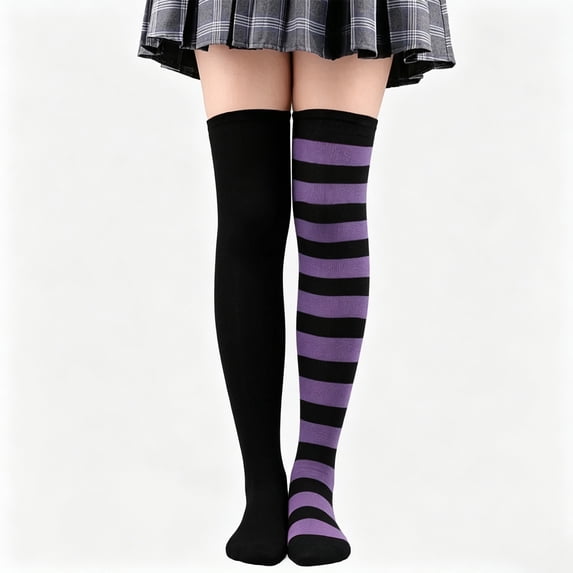 Women Long Over Knee Socks Color Block Asymmetric Halloween Left Right Foot Mandarin Duck Stockings Comfort Purple
