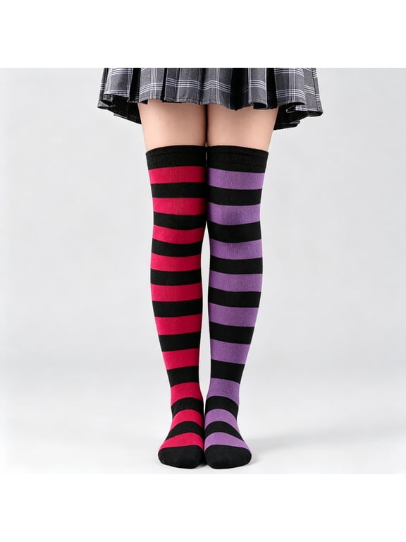 Women Long Over Knee Socks Color Block Asymmetric Halloween Left Right Foot Mandarin Duck Stockings Comfort Red