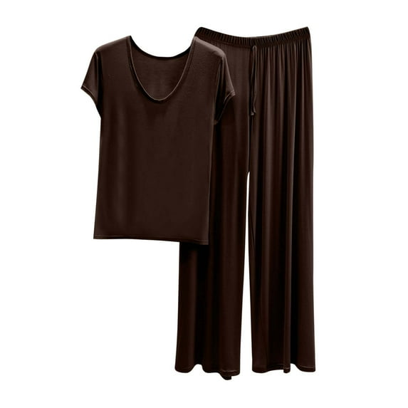 Women Long Pajama Sets - Ladies Summer V-Neck Short Sleeve Tshirt and Tie Waist Wide Leg Pants Sets Casual 2 Piece Soft Comfy Pjs Sleepwear Outfits ,Ot-1,Coffee,3XL