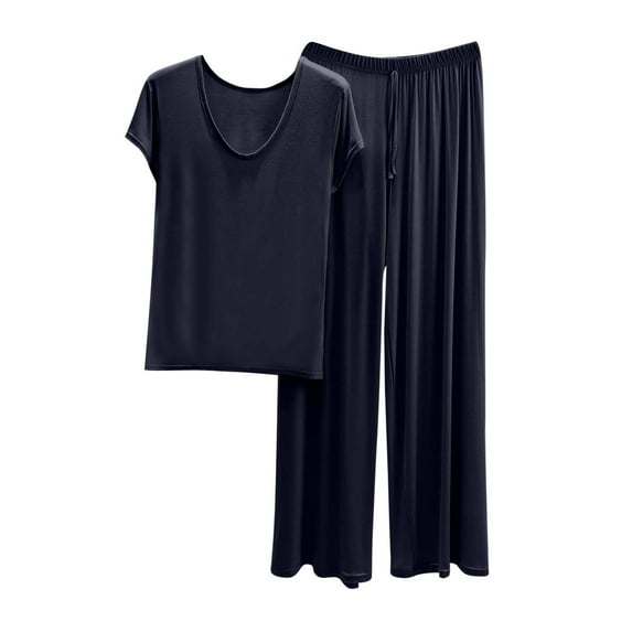 Women Long Pajama Sets - Ladies Summer V-Neck Short Sleeve Tshirt and Tie Waist Wide Leg Pants Sets Casual 2 Piece Soft Comfy Pjs Sleepwear Outfits ,Ot-1,Dark Gray,M