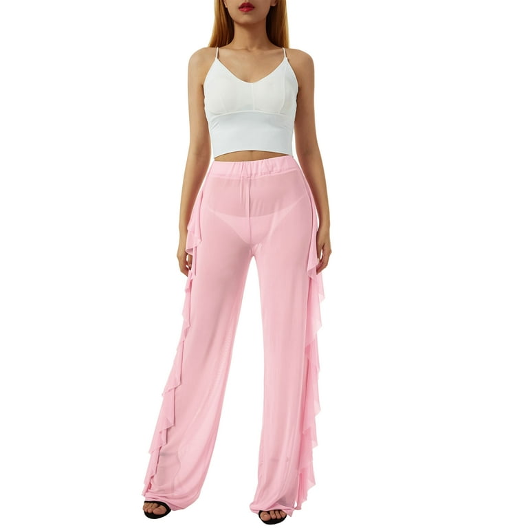 Women See Through Sheer Mesh Pants Elastic High Waist Wide Leg Pants Beach  Swimsuit Bikini Bottom Cover Up